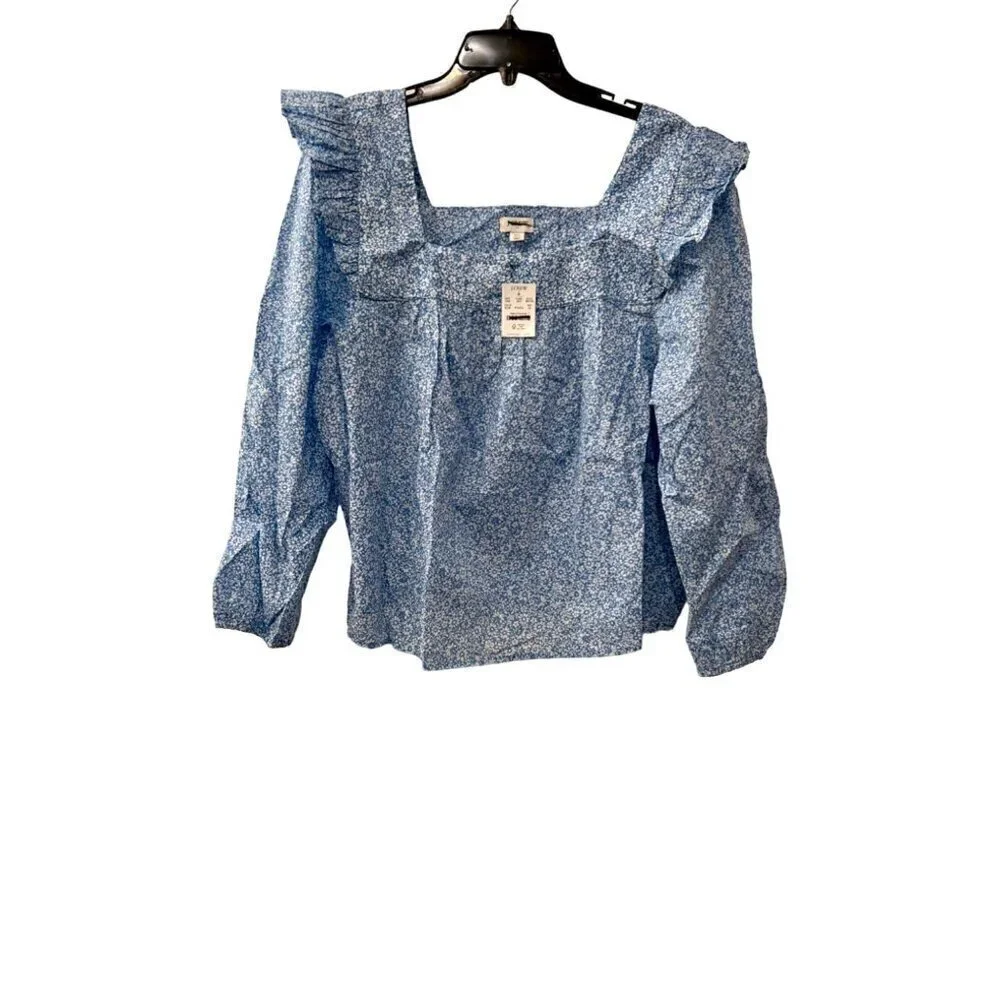 New J Crew Size 2X Square neck ruffle top Blue/White SU23 *Stain* - Picture 2 of 13